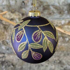 Matt Blue Glass Bauble with Purple Beaded Fruit, Leaves and Gold Glitter Highlight