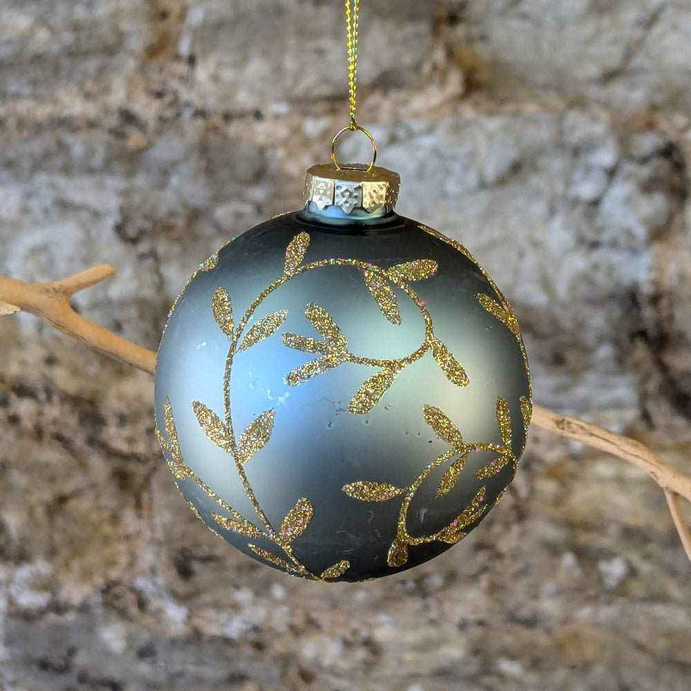 Matt Pale Blue Glass Gold Mistletoe Bauble