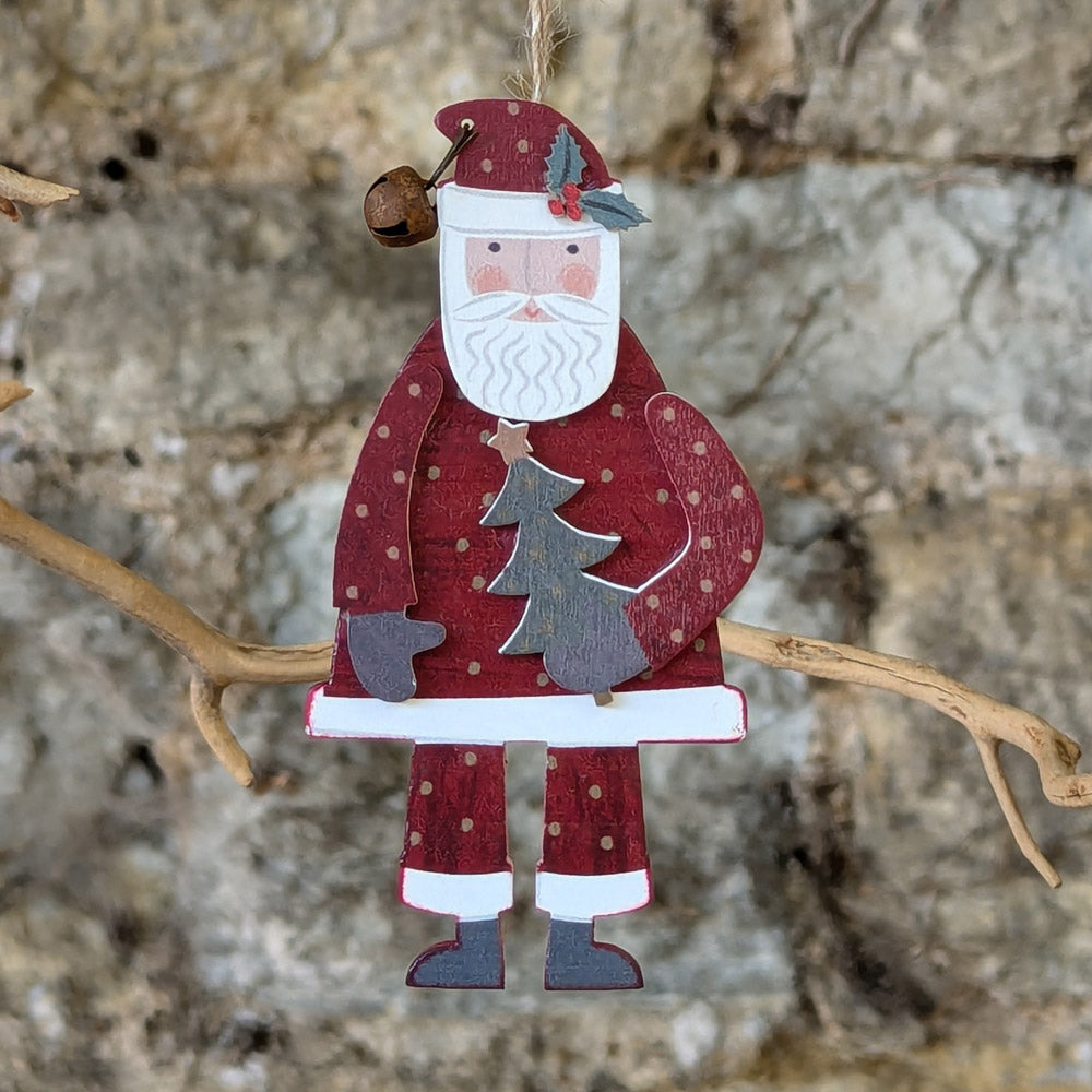 New England Stle Wood Santa carrying Tree Decoration