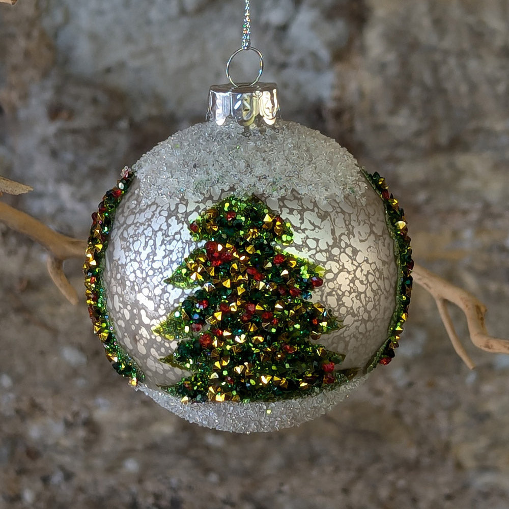 Antiqued White Glass Bauble with Sparkling Christmas Tree