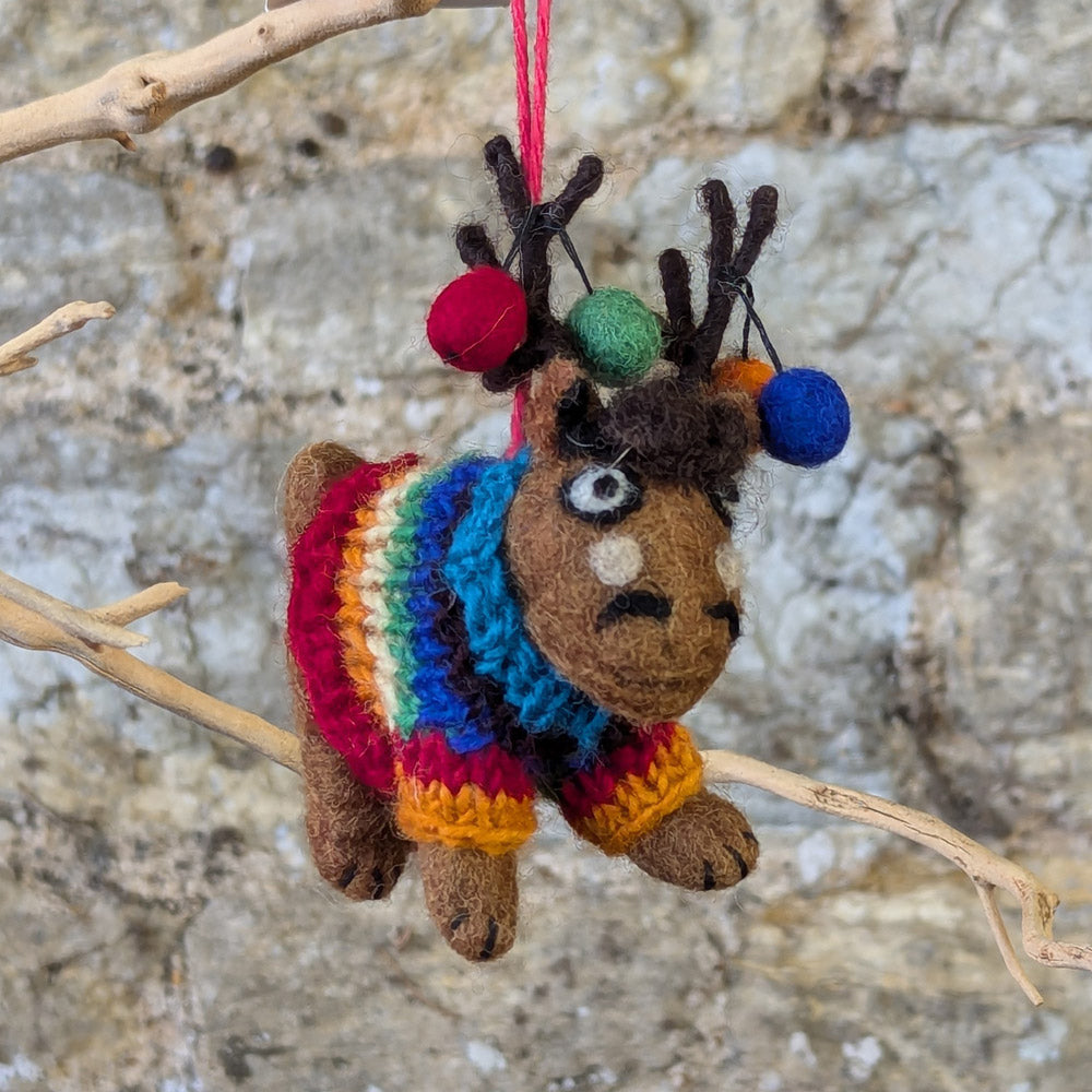Felt reindeer in Rainbow Jumper