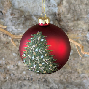 Matt Red Glass Bauble decorated with a  Green Bead Tree