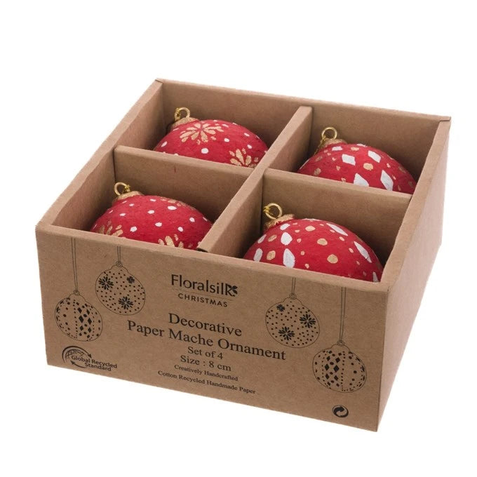 Red Papier Mache Bauble Set x4