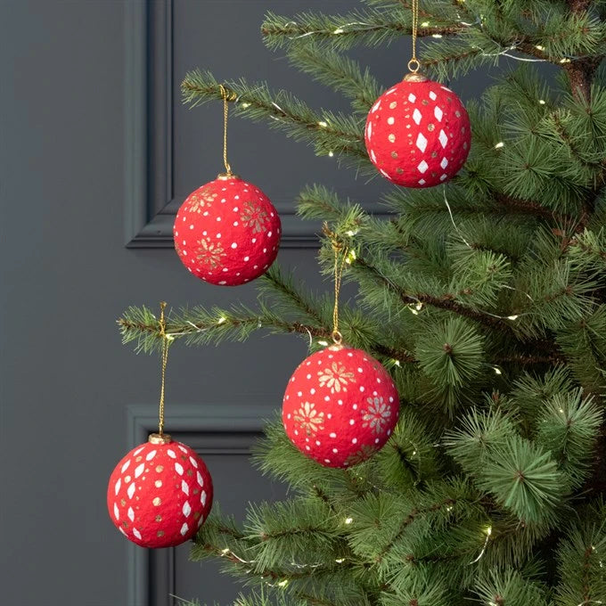 Red Papier Mache Bauble Set x4